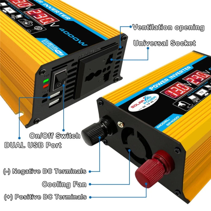 Power Inverter 18W Solar Panel 30A LCD Display Solar Controller 300W Car RV Power Converter - Yellow / 12V to 220V - 2