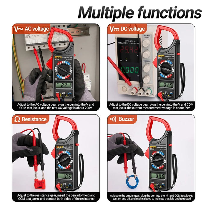 ANENG DT266 Digital Clamp Meter Voltage Current Resistance Tester 1999 Counts Multimeter - Red - 7