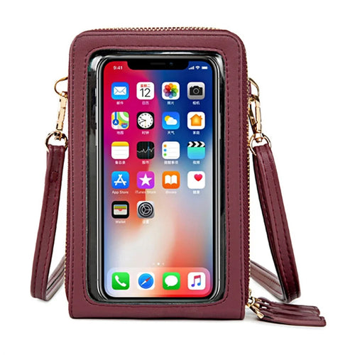 FOREVER MIYIN SJ617 Women's Shoulder Bag Crossbody Bag Sensitive Touch Screen Film Window Design Leather Wrist Bag Handbag Phone Storage Pouch - Wine Red - 1