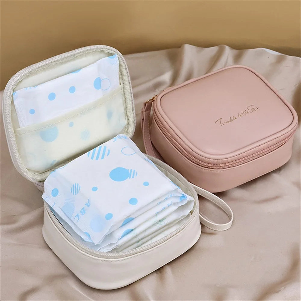 W7PU Portable Sanitary Napkin Storage Bag PU Leather Lipstick Cosmetics Zipper Storage Bag - White - 2