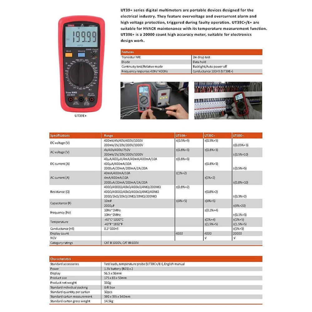 UNI-T UT39C+ Digital Multimeter Tester Manual Range Data Hold AC DC Voltage Current Amp Transistor - 3