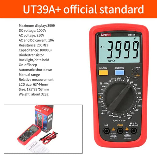 UNI-T UT39A+ Digital Multimeter Tester with LCD Backlight Manual Range AC DC Voltage Current Amp Transistor - 2