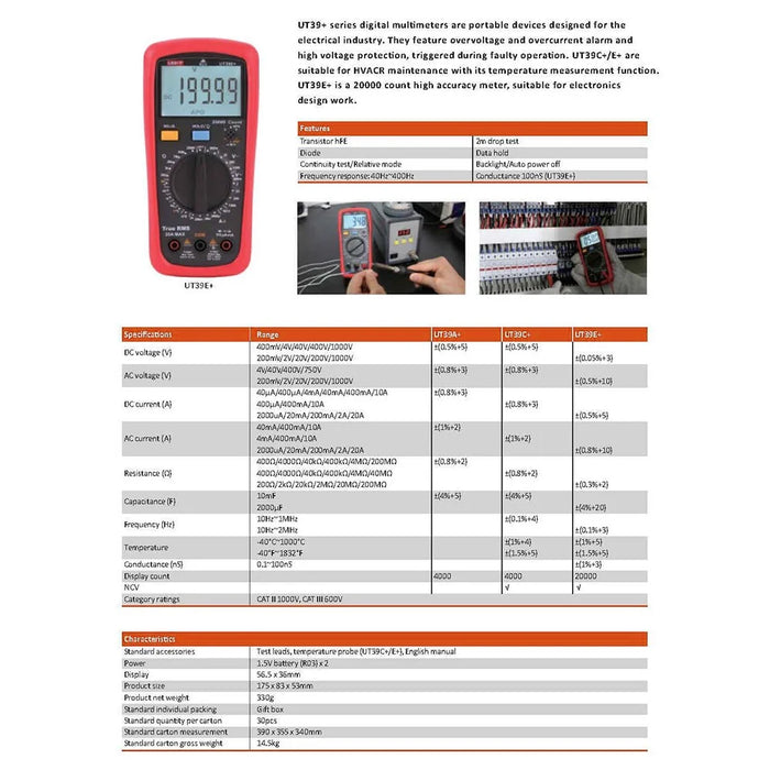 UNI-T UT39A+ Digital Multimeter Tester with LCD Backlight Manual Range AC DC Voltage Current Amp Transistor - 3