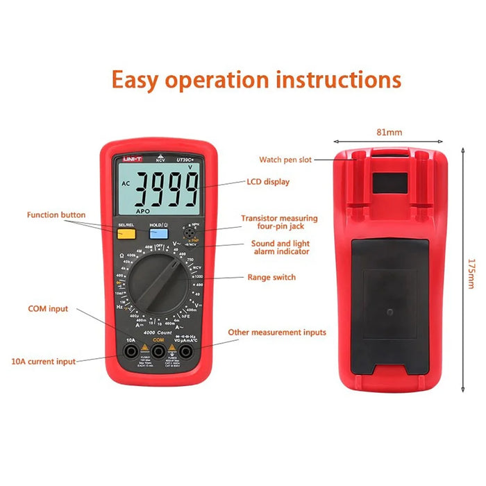 UNI-T UT39A+ Digital Multimeter Tester with LCD Backlight Manual Range AC DC Voltage Current Amp Transistor - 4