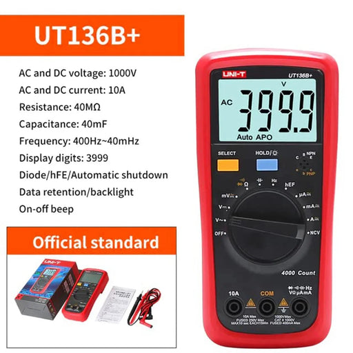 UNI-T UT136B+ Digital Multimeter 4000 Count AC DC Voltmeter Ammeter Ohm HFE Diode / Transistor Tester (NO Battery) - 2