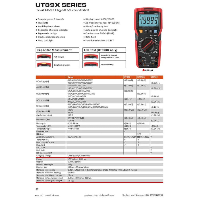 UNI-T UT89XE Digital Multimeter Professional Tester True RMS Manual Range DC AC Voltmeter Ammeter (No Battery) - 7