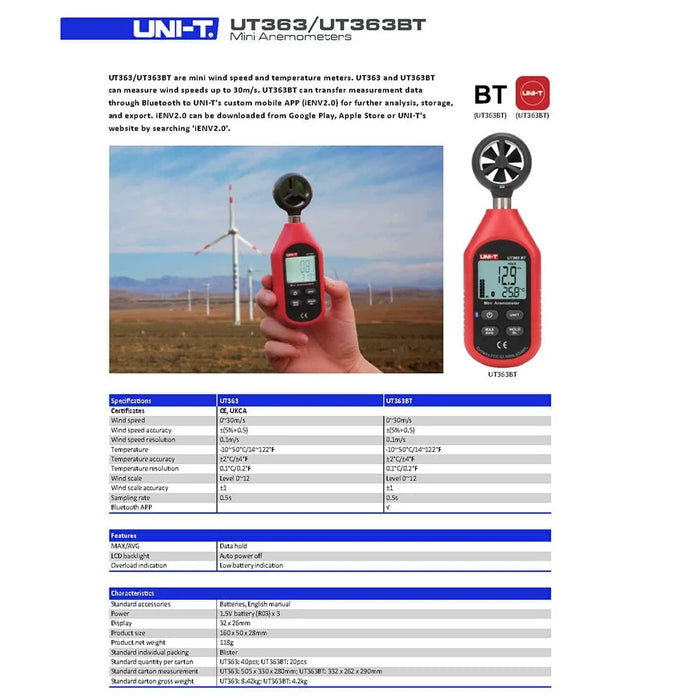 UNI-T UT363BT 0~30m / s Wind Speed Tester Digital Mini Anemometer Sensor with Backlight (No Battery) - 7