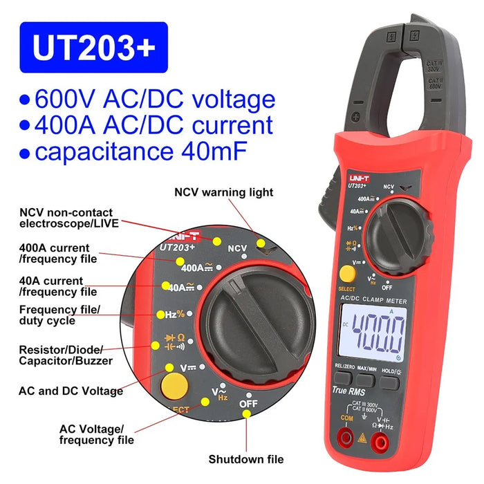 UNI-T UT203+ 400A AC DC Digital Clamp Meter Resistance Frequency Test Duty Cycle Measurement Tool (No Battery) - 2