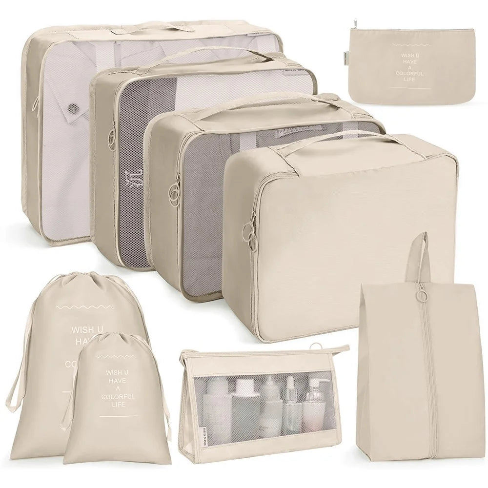 9-Piece Travel Storage Bag Set Polyester Fiber Folding Cosmetic Bag Clothes Storage Bag Drawstring Travel Bag - Beige - 1