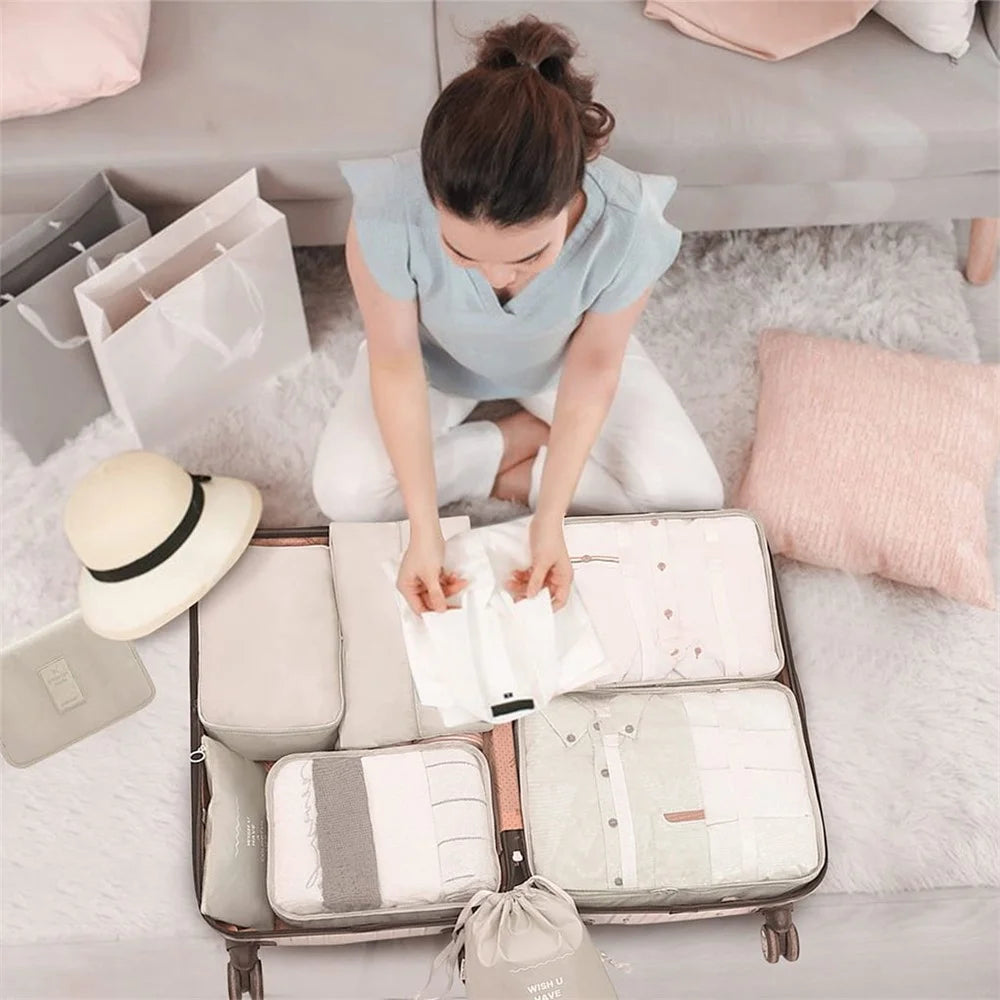 9-Piece Travel Storage Bag Set Polyester Fiber Folding Cosmetic Bag Clothes Storage Bag Drawstring Travel Bag - Beige - 2