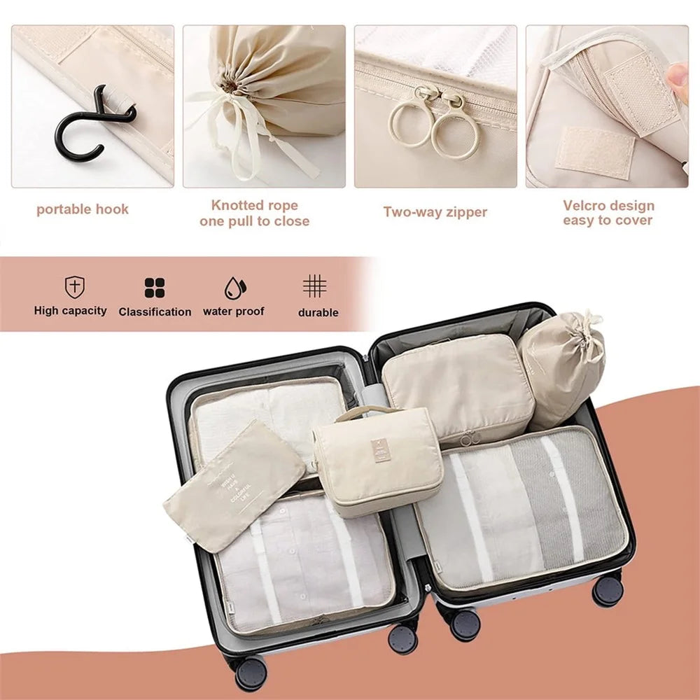 9-Piece Travel Storage Bag Set Polyester Fiber Folding Cosmetic Bag Clothes Storage Bag Drawstring Travel Bag - Beige - 3