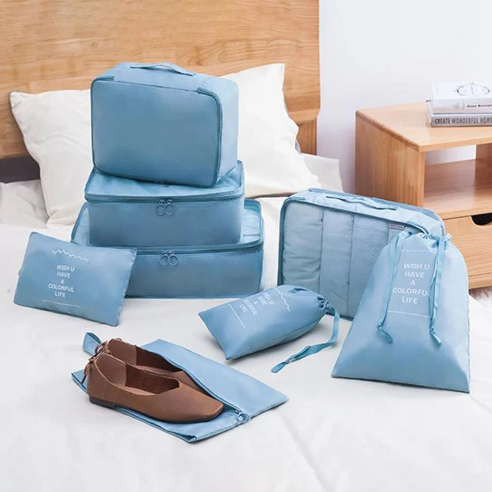 9-Piece Travel Storage Bag Set Polyester Fiber Folding Cosmetic Bag Clothes Storage Bag Drawstring Travel Bag - Beige - 5