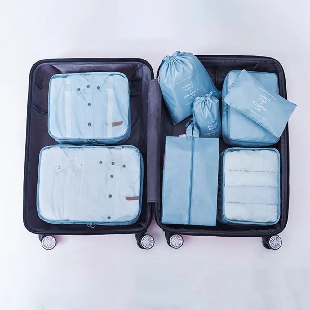 9-Piece Travel Storage Bag Set Polyester Fiber Folding Cosmetic Bag Clothes Storage Bag Drawstring Travel Bag - Beige - 7