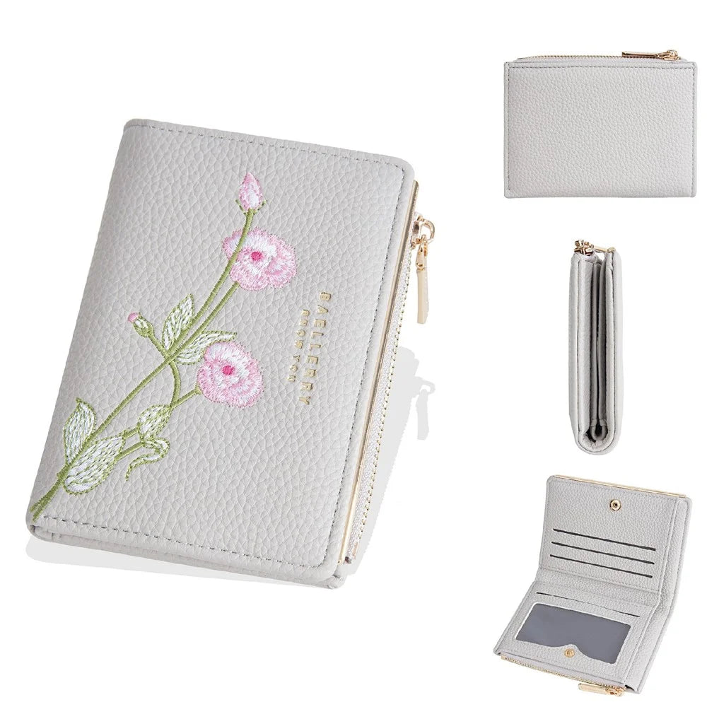 BAELLERRY N8344 Small Wallet Floral Embroidery PU Leather Zipper Pocket Coin Purse Card Holder - White - 1