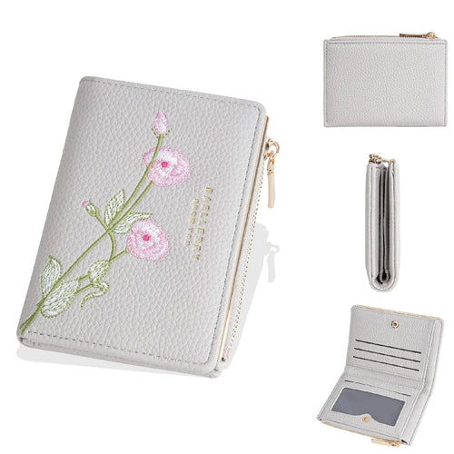 BAELLERRY N8344 Small Wallet Floral Embroidery PU Leather Zipper Pocket Coin Purse Card Holder - White - 1