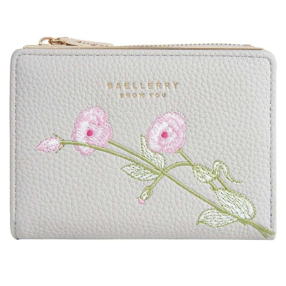 BAELLERRY N8344 Small Wallet Floral Embroidery PU Leather Zipper Pocket Coin Purse Card Holder - White - 5