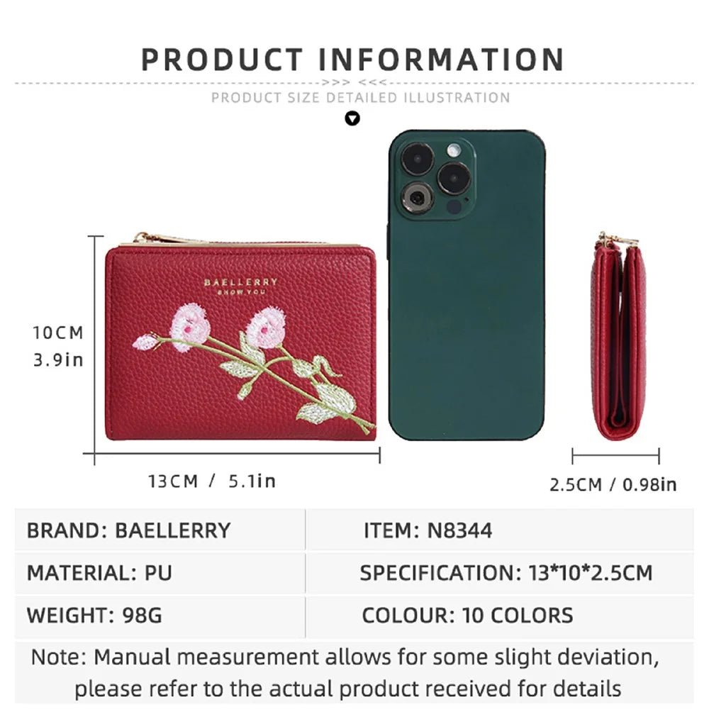 BAELLERRY N8344 Small Wallet Floral Embroidery PU Leather Zipper Pocket Coin Purse Card Holder - White - 7