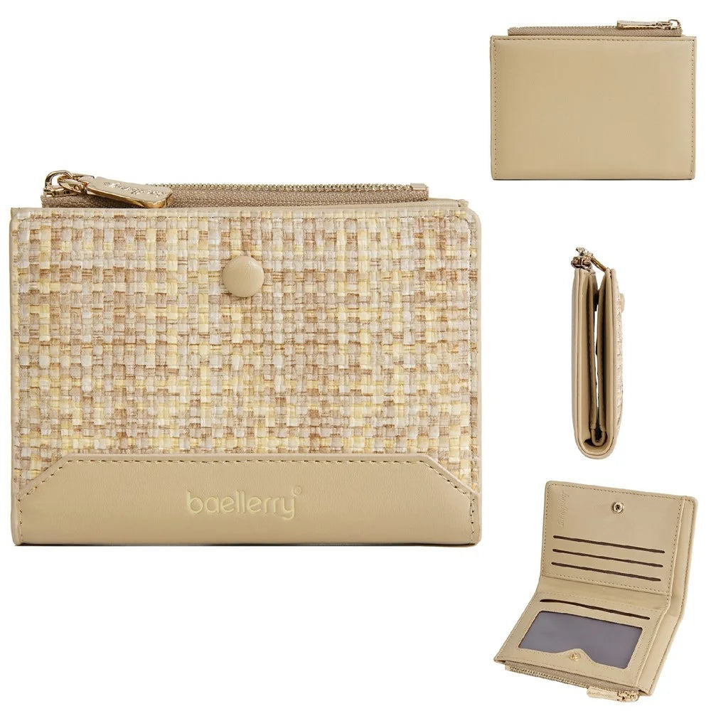 BAELLERRY N5121 Women Bi-Fold Short Wallet Woven Texture PU Leather Zipper Coin Purse - Apricot - 1