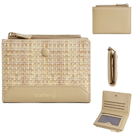 BAELLERRY N5121 Women Bi-Fold Short Wallet Woven Texture PU Leather Zipper Coin Purse - Apricot - 1