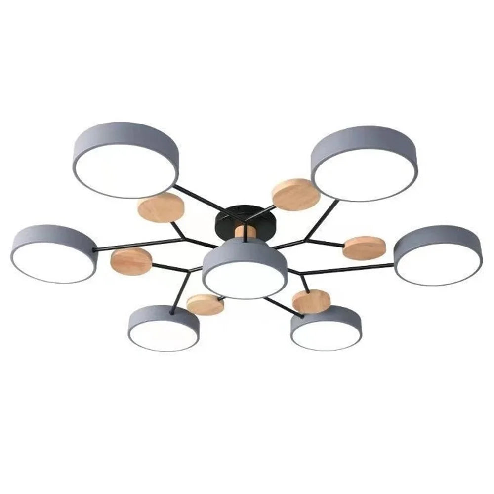 Modern LED Chandelier Lamp for Living Room Bedroom 7 Circles Ceiling Light with Wooden Decor - Grey - 1