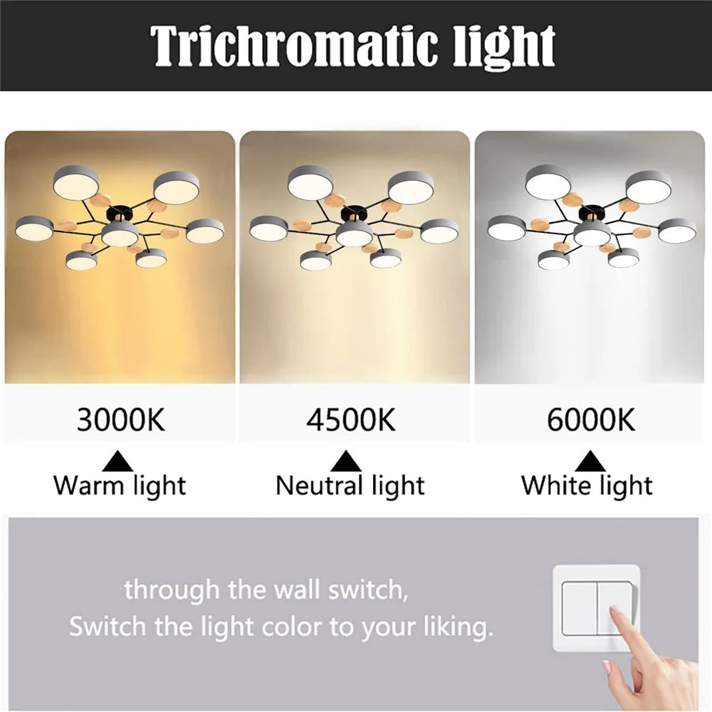 Modern LED Chandelier Lamp for Living Room Bedroom 7 Circles Ceiling Light with Wooden Decor - Grey - 3