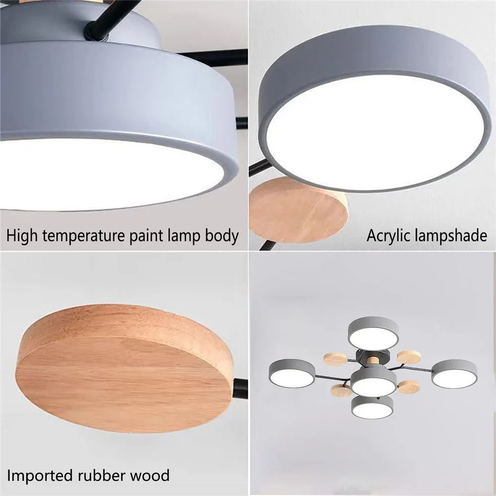 Modern LED Chandelier Lamp for Living Room Bedroom 7 Circles Ceiling Light with Wooden Decor - Grey - 5
