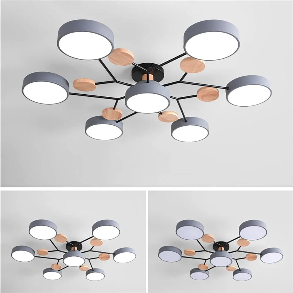 Modern LED Chandelier Lamp for Living Room Bedroom 7 Circles Ceiling Light with Wooden Decor - Grey - 6