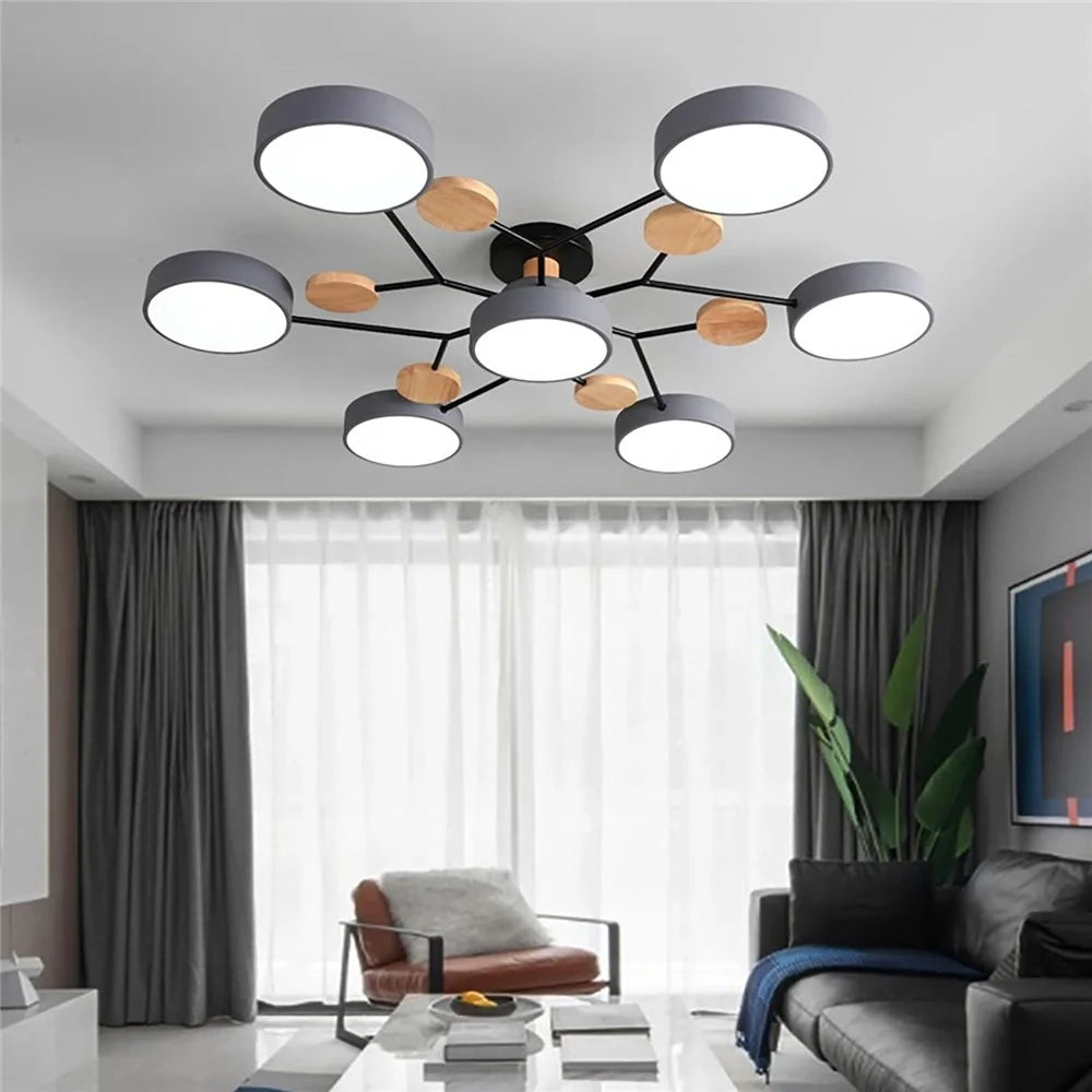 Modern LED Chandelier Lamp for Living Room Bedroom 7 Circles Ceiling Light with Wooden Decor - Grey - 7