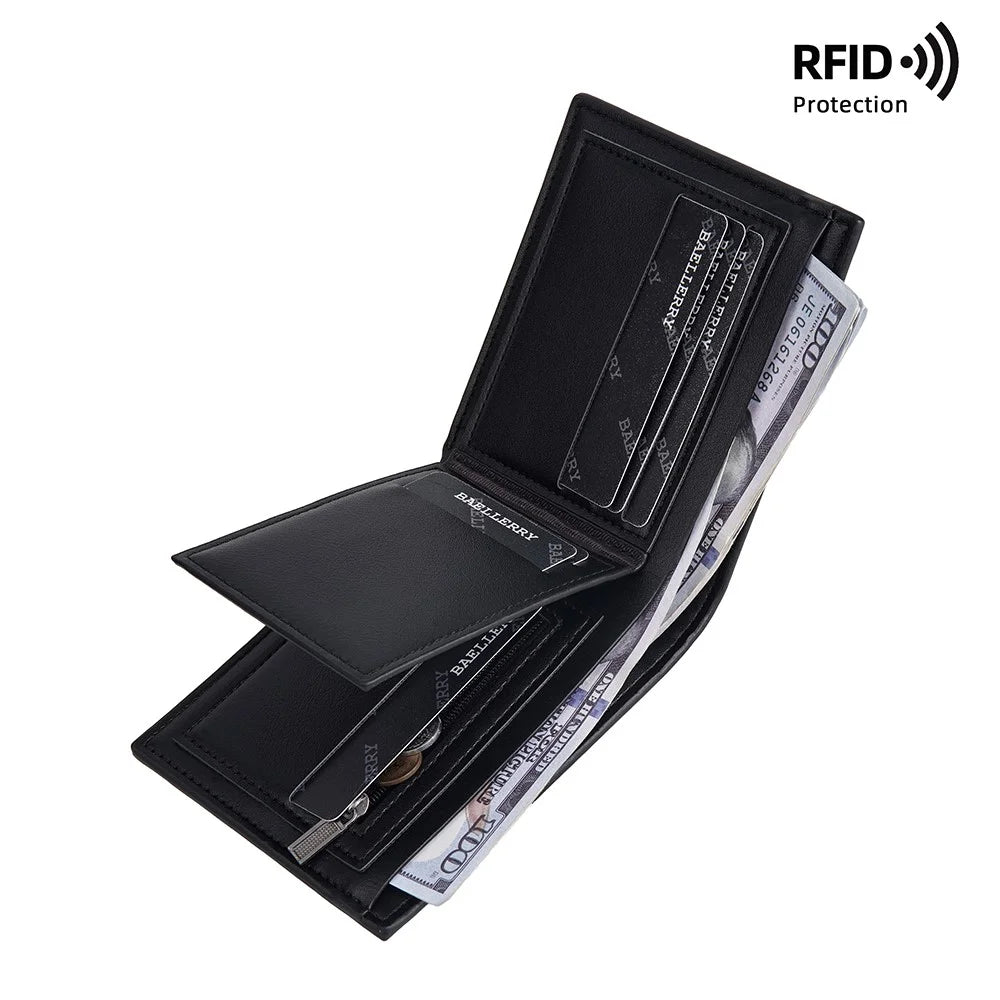 BAELLERRY D2394 Soft Leather Wallet Slim Billfold RFID Blocking Card Holder Palm Pattern - Black - 6