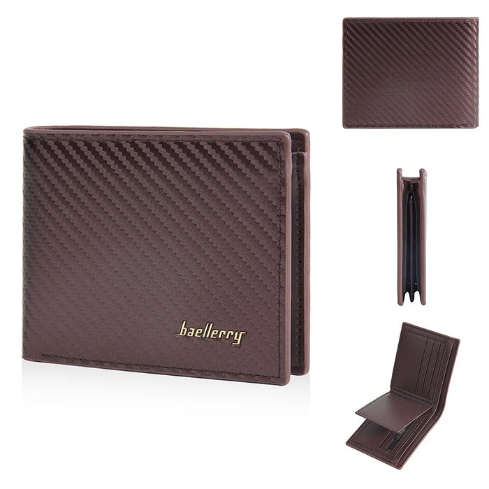 BAELLERRY D2396 Slim Bifold Wallet Zippered Card Holder Carbon Fiber Pattern Purse - Coffee - 1