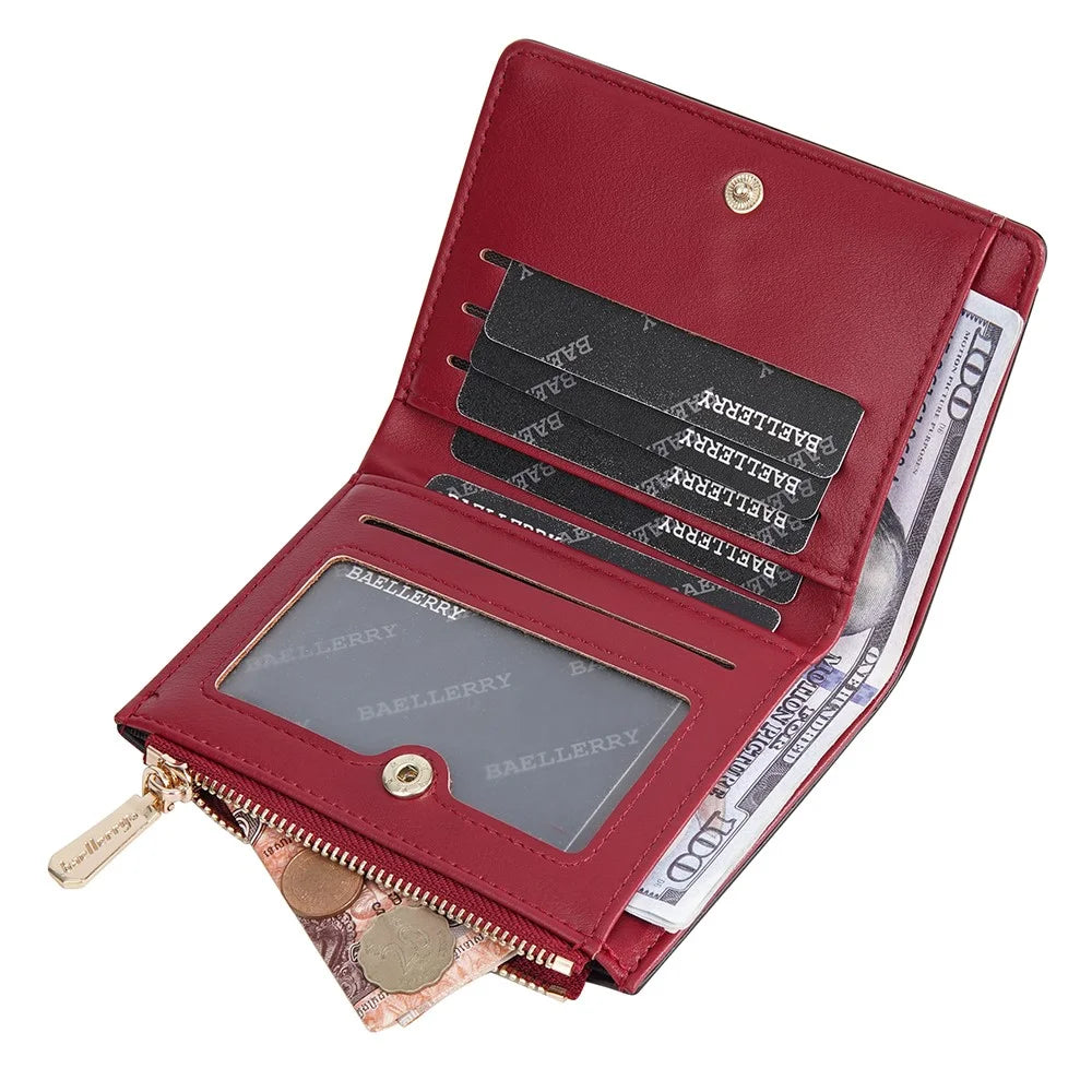 BAELLERRY N5023 Bifold Wallet Zipper Coin Purse Multi Card Holder Case - Red - 5