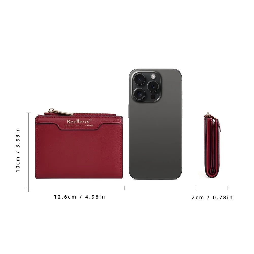 BAELLERRY N5023 Bifold Wallet Zipper Coin Purse Multi Card Holder Case - Red - 7