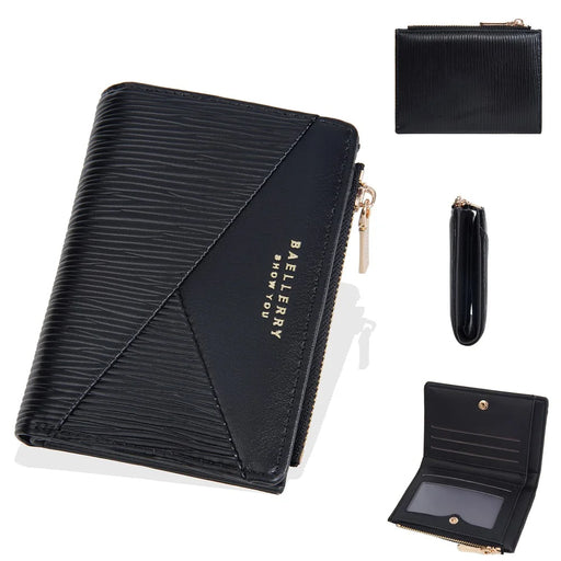 BAELLERRY N8348 Leather Wallet Coin Purse Bifold Zipper Pocket Card Case - Black - 1