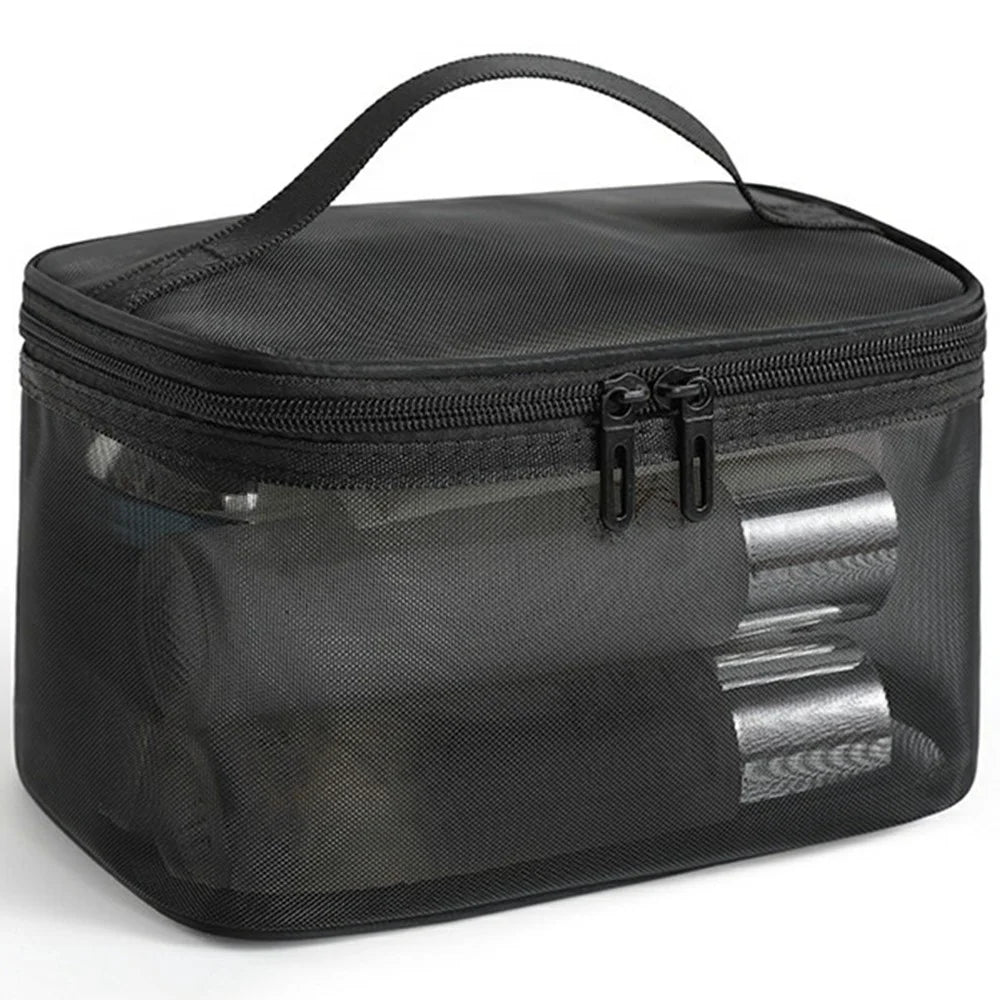 Single Layer Zipper Mesh Toiletry Bag Travel Portable Makeup Cosmetics Storage Organizer - Black - 1