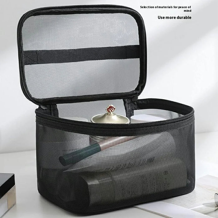 Single Layer Zipper Mesh Toiletry Bag Travel Portable Makeup Cosmetics Storage Organizer - Black - 2