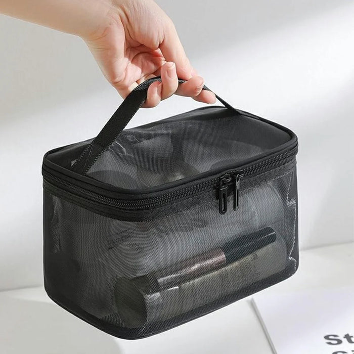 Single Layer Zipper Mesh Toiletry Bag Travel Portable Makeup Cosmetics Storage Organizer - Black - 3