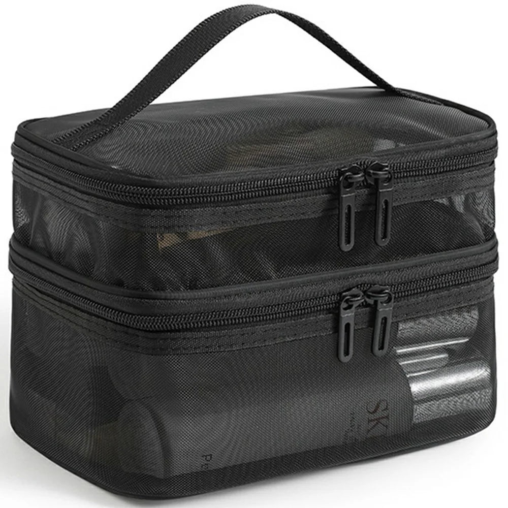 Double Layer Zipper Mesh Toiletry Bag Portable Travel Nylon Makeup Cosmetics Storage Organizer - Black - 1