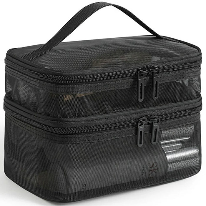 Double Layer Zipper Mesh Toiletry Bag Portable Travel Nylon Makeup Cosmetics Storage Organizer - Black - 1
