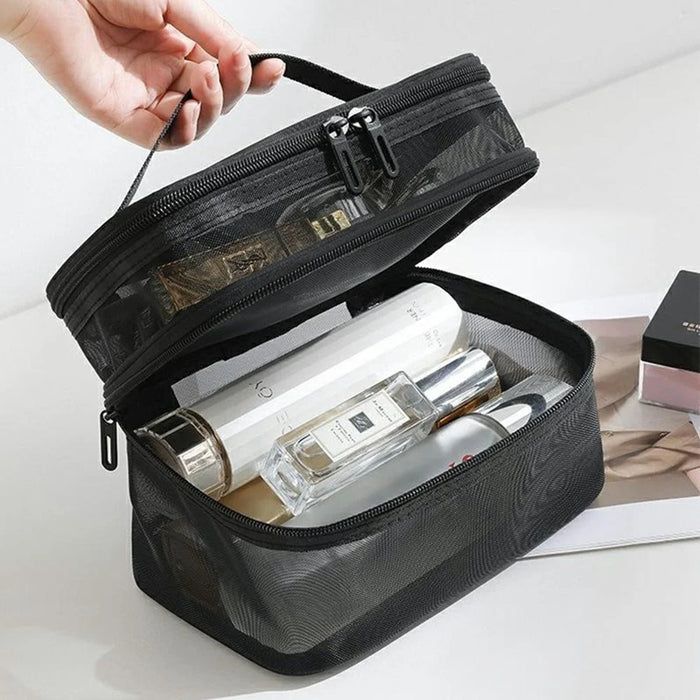 Double Layer Zipper Mesh Toiletry Bag Portable Travel Nylon Makeup Cosmetics Storage Organizer - Black - 2