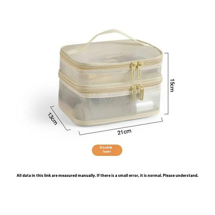 Double Layer Zipper Mesh Toiletry Bag Portable Travel Nylon Makeup Cosmetics Storage Organizer - Black - 6