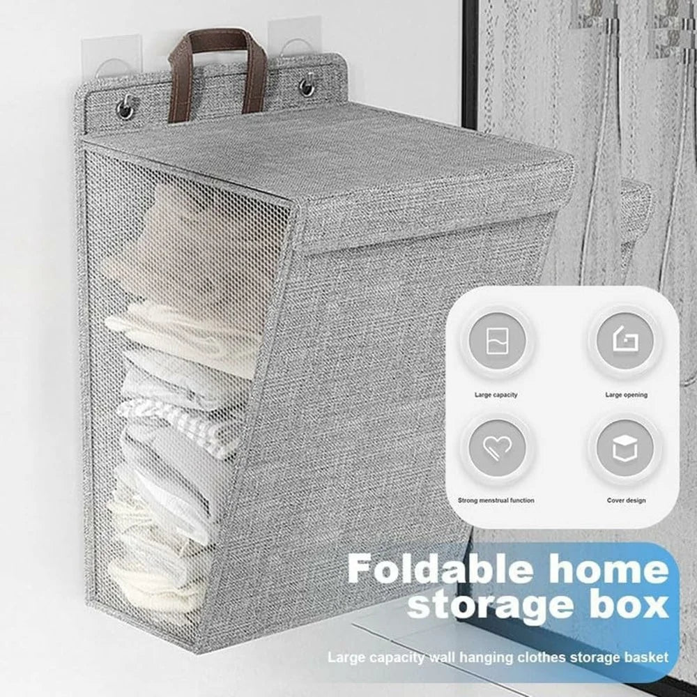 Foldable Hanging Laundry Hamper Bathroom Clothes Basket Wall-Mounted Washing Bin, Size M - Grey - 2