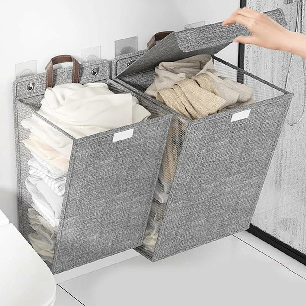Foldable Hanging Laundry Hamper Bathroom Clothes Basket Wall-Mounted Washing Bin, Size M - Grey - 4