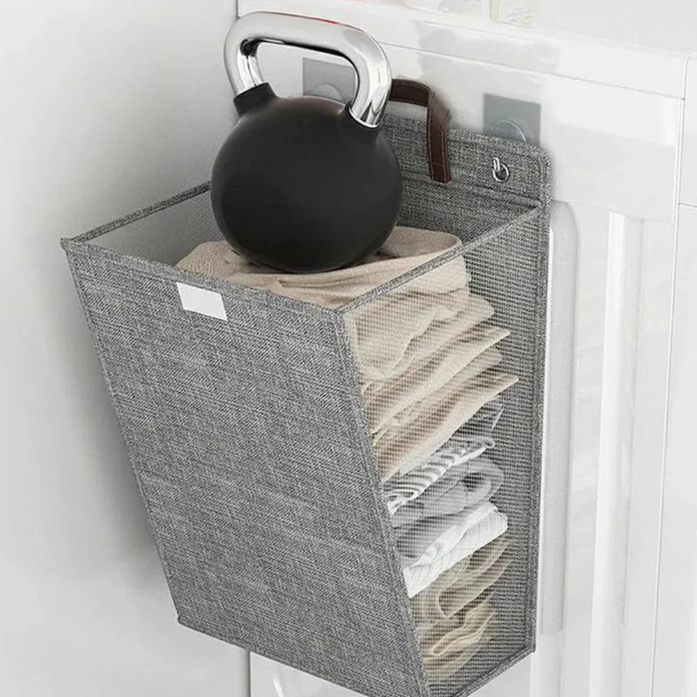 Foldable Hanging Laundry Hamper Bathroom Clothes Basket Wall-Mounted Washing Bin, Size M - Grey - 6