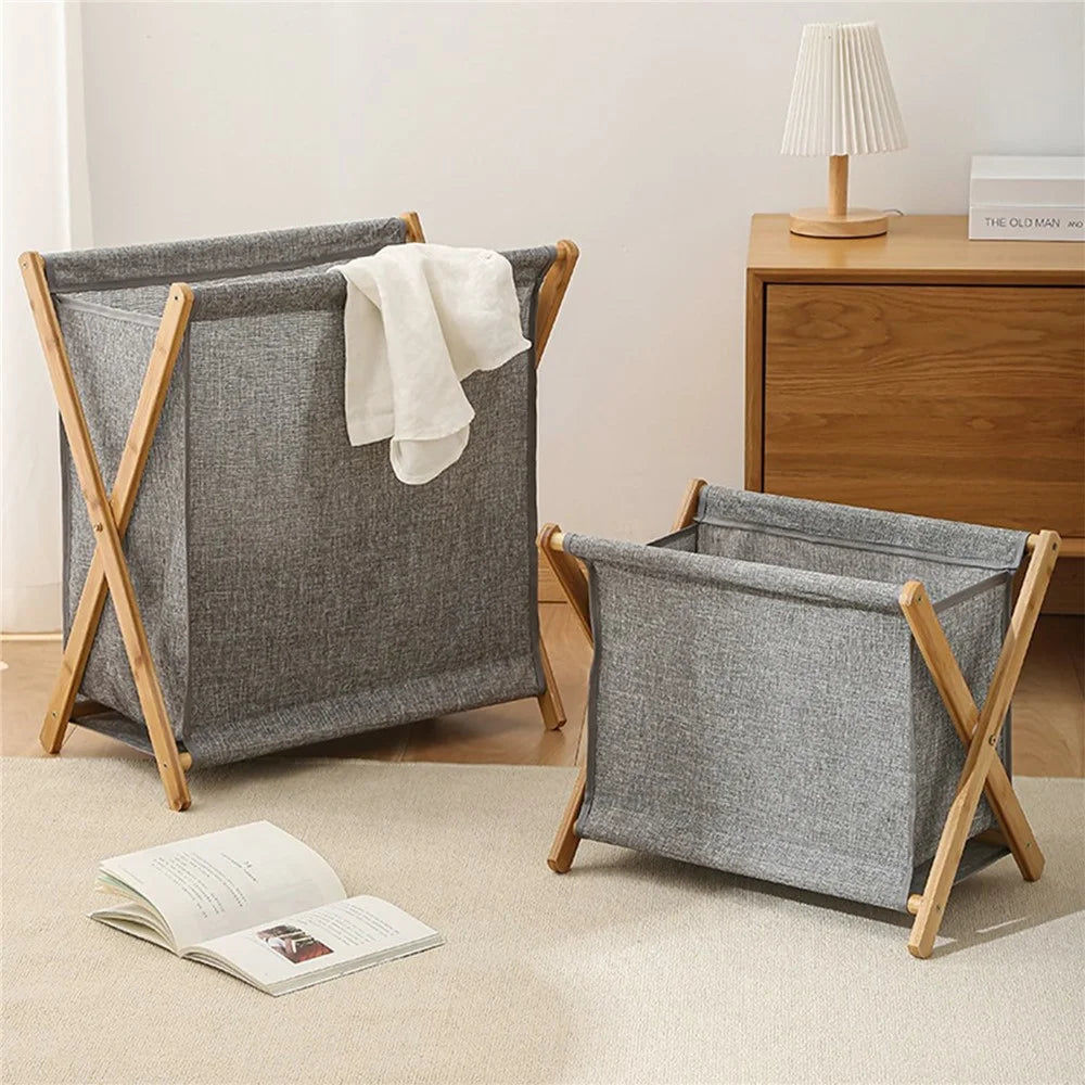 X Frame Laundry Hamper Foldable Bamboo Linen Cloth Storage Basket, Size M - 5
