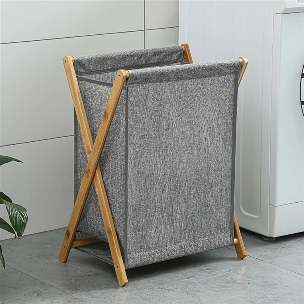 X Frame Laundry Hamper Foldable Bamboo Linen Cloth Storage Basket, Size M - 7