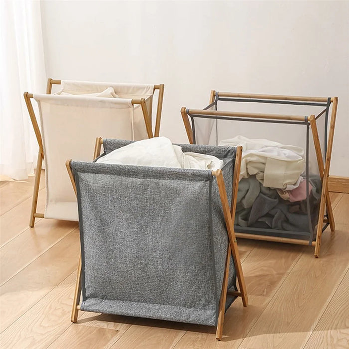 Collapsible Bamboo Frame Laundry Hamper Clothes Storage Basket for Bathroom Bedroom Size L - 6