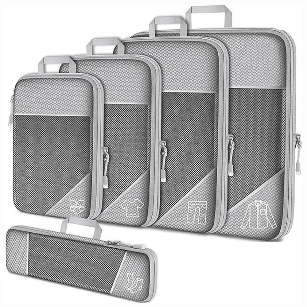 5Pcs / Set Luggage Organizer Bags Oxford Cloth Travel Packing Expandable Clothes Storage Bags - Grey - 1