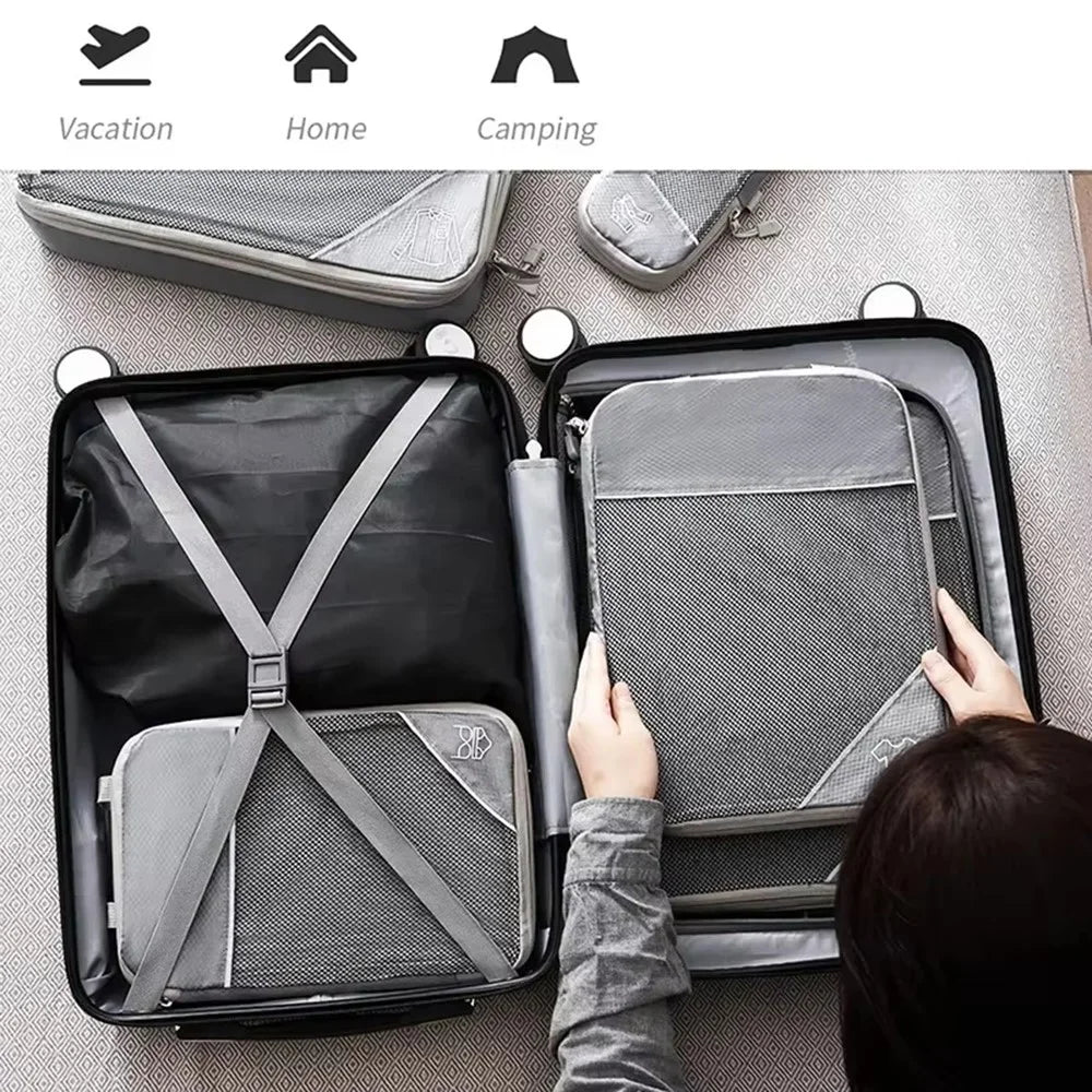 5Pcs / Set Luggage Organizer Bags Oxford Cloth Travel Packing Expandable Clothes Storage Bags - Grey - 5