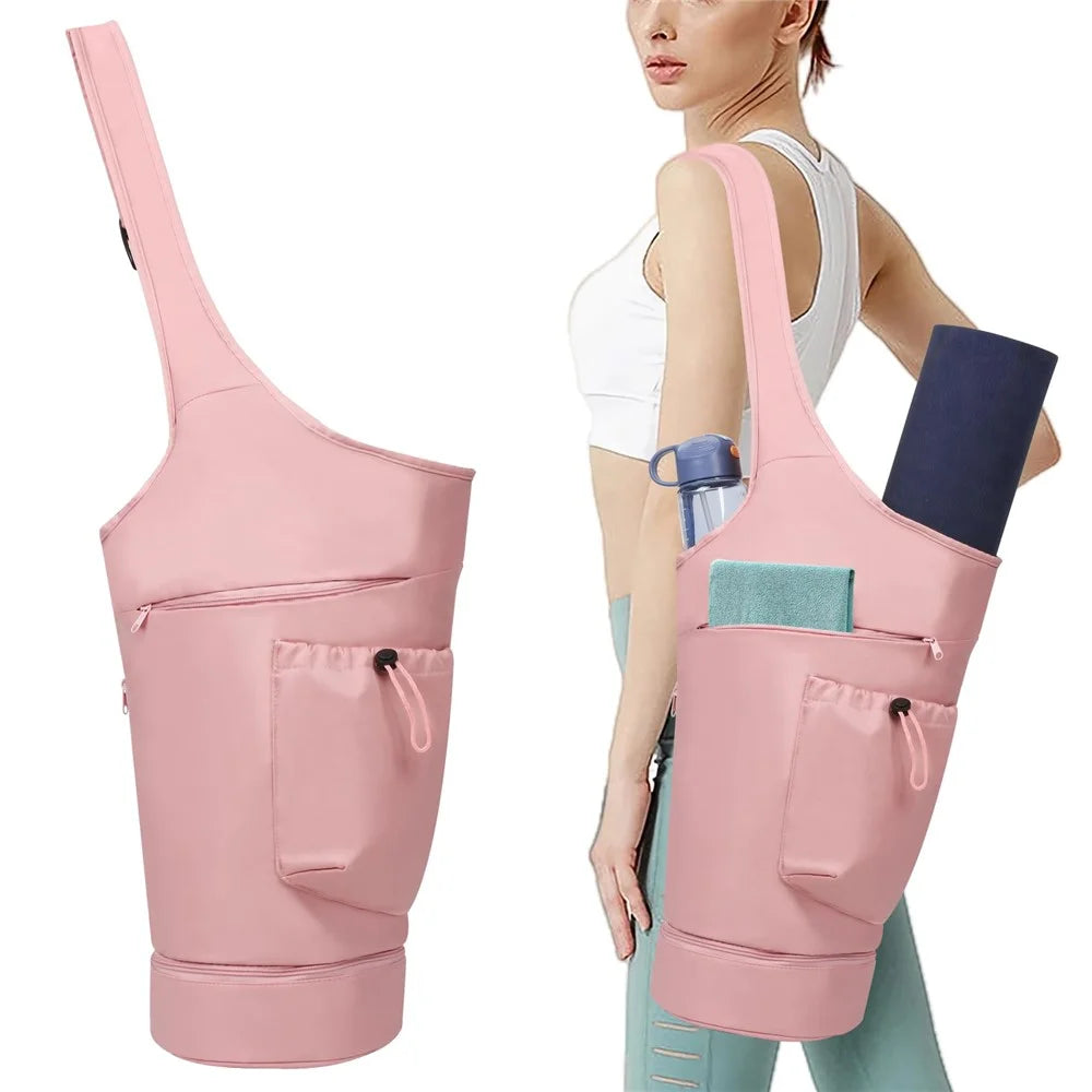 Yoga Mat Carrier Bag Large Opening Polyester Gym Bag with Waterproof Pocket and Drawstring Water Bottle Holder - Pink - 1
