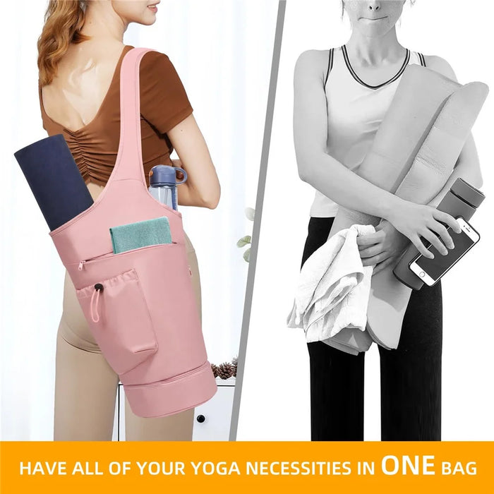 Yoga Mat Carrier Bag Large Opening Polyester Gym Bag with Waterproof Pocket and Drawstring Water Bottle Holder - Pink - 7